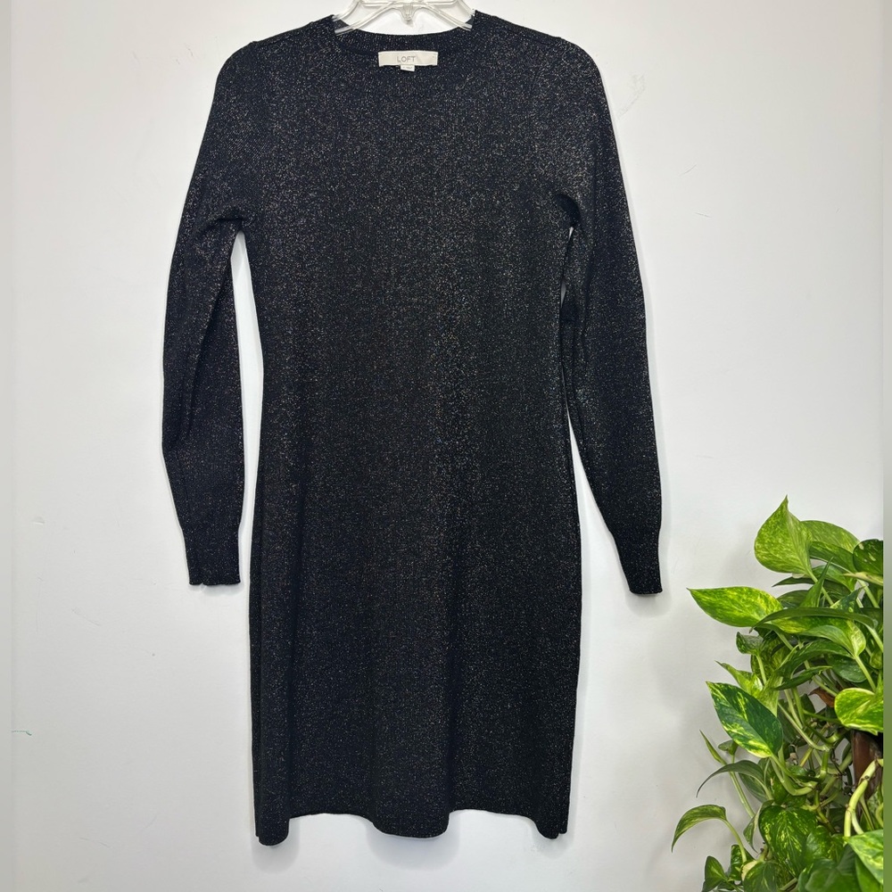 BN5 LOFT Black Gold Shimmer Knit Dress Long Sleeve Preppy Classic Timeless Small